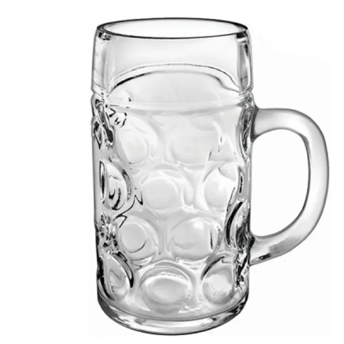 Vooraanzicht van de bierpul Don 100 cl. in helder tapmaat glas met groot handvat en rechte vorm.