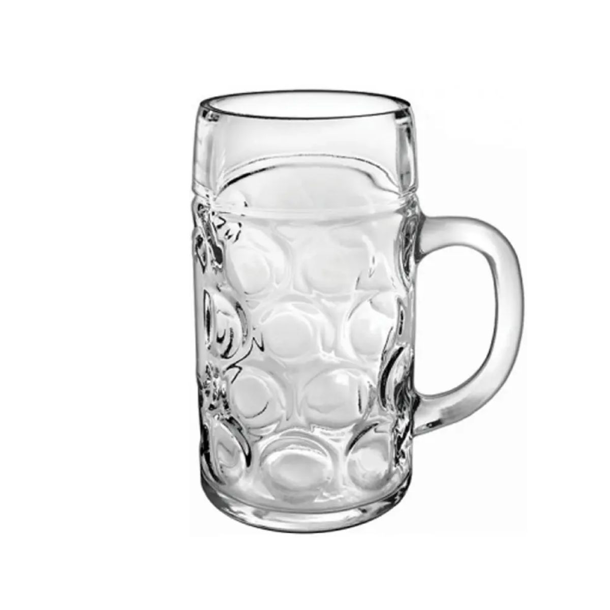 Vooraanzicht van de bierpul Don 50 cl. van helder tapmaat glas met robuust handvat.