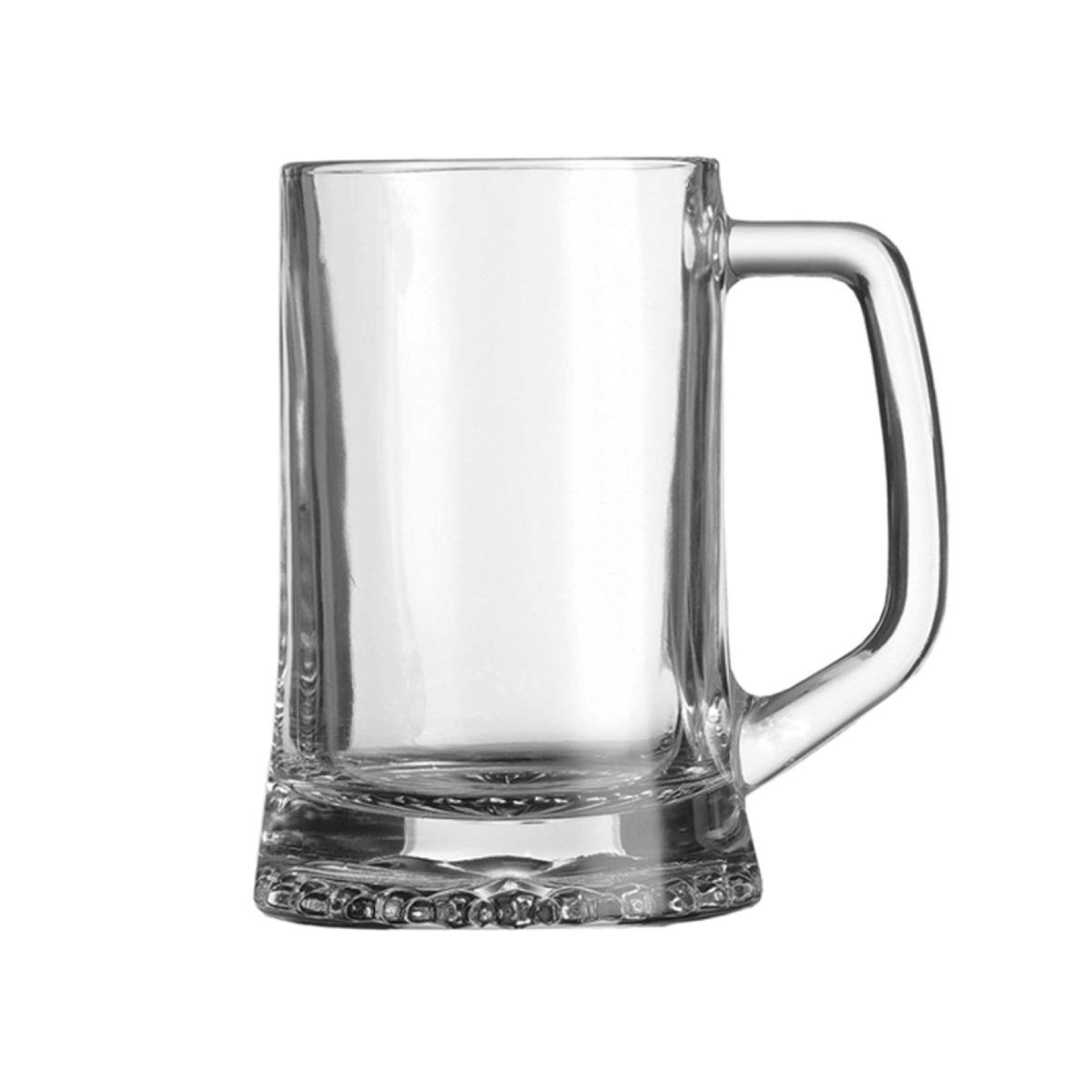 Vooraanzicht van transparante Bierpul Maxim 68 cl. glas met stevig handvat en rechte cilindervorm.