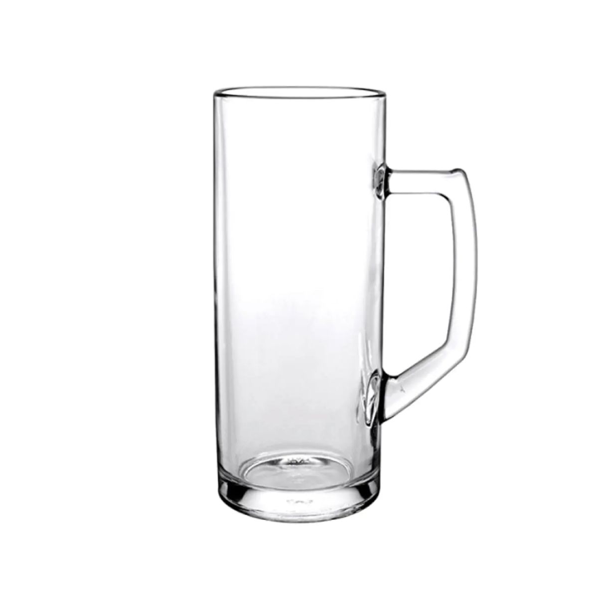 Frontale weergave van de Reno bierpul 50 cl., helder tapmaat glas met klassiek handvat.