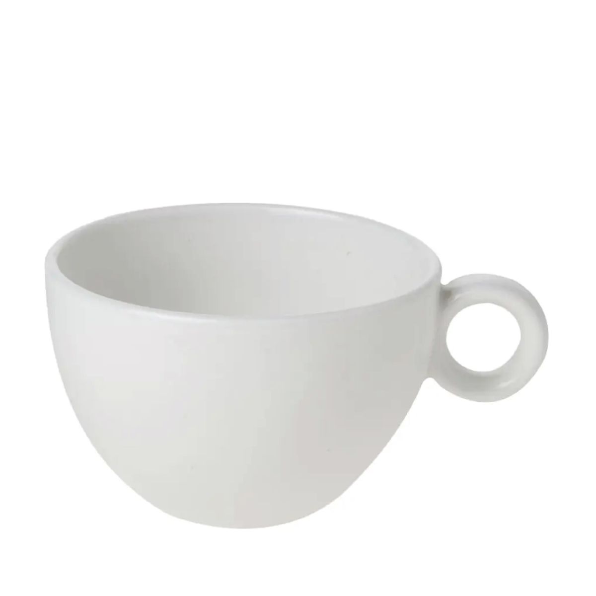 Vooraanzicht van Bola koffie verkeerd kop 28 cl. van wit porselein met bolvormig design.