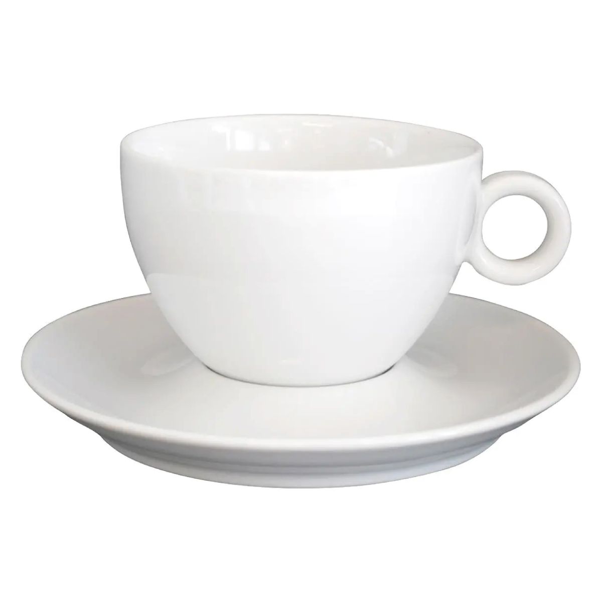 Vooraanzicht van Bola koffie verkeerd wit 28 cl. in porseleinen set, met bolle vorm.