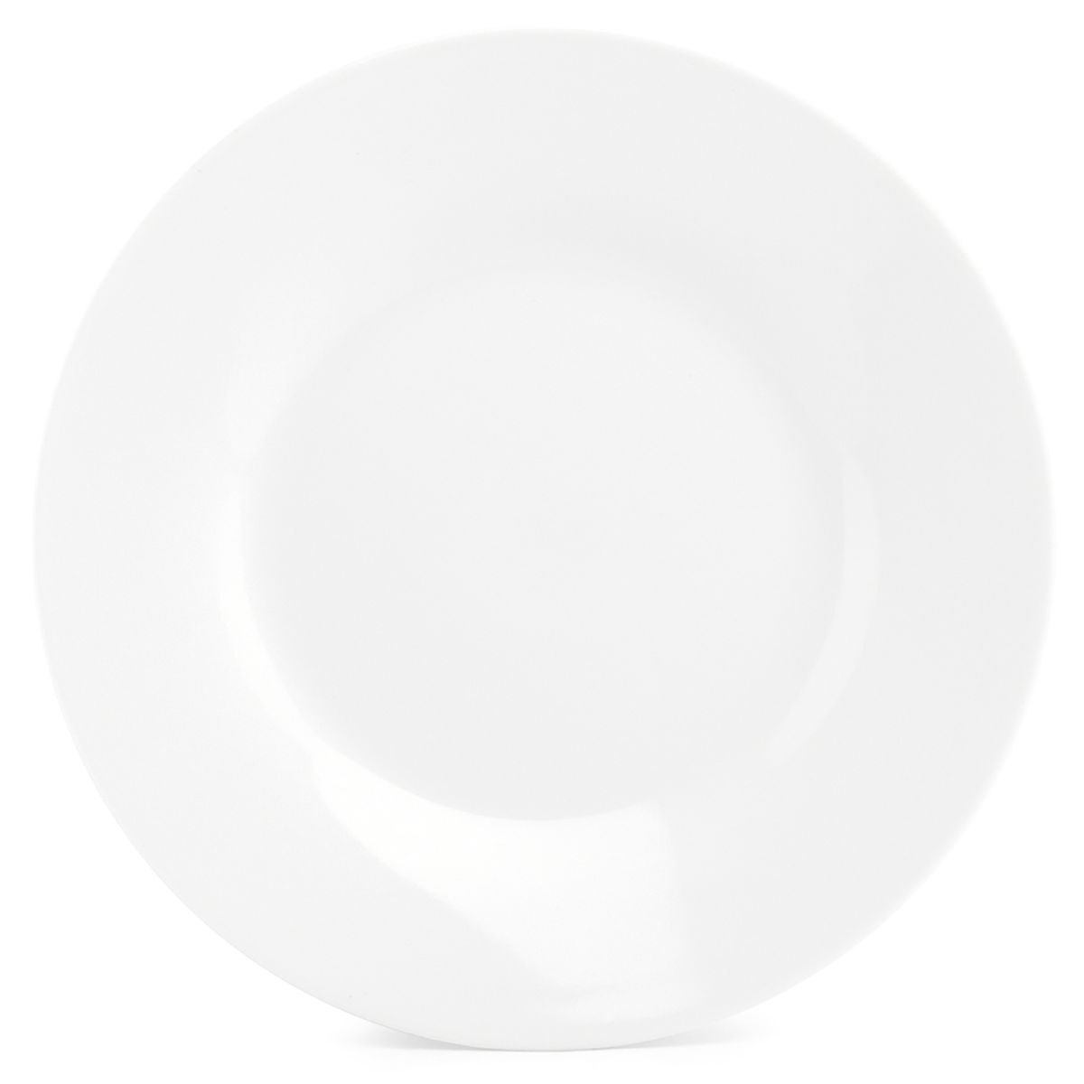 Rond porseleinen bord van 27 cm uit de Basic lijn, wit en symmetrisch van voren gezien.