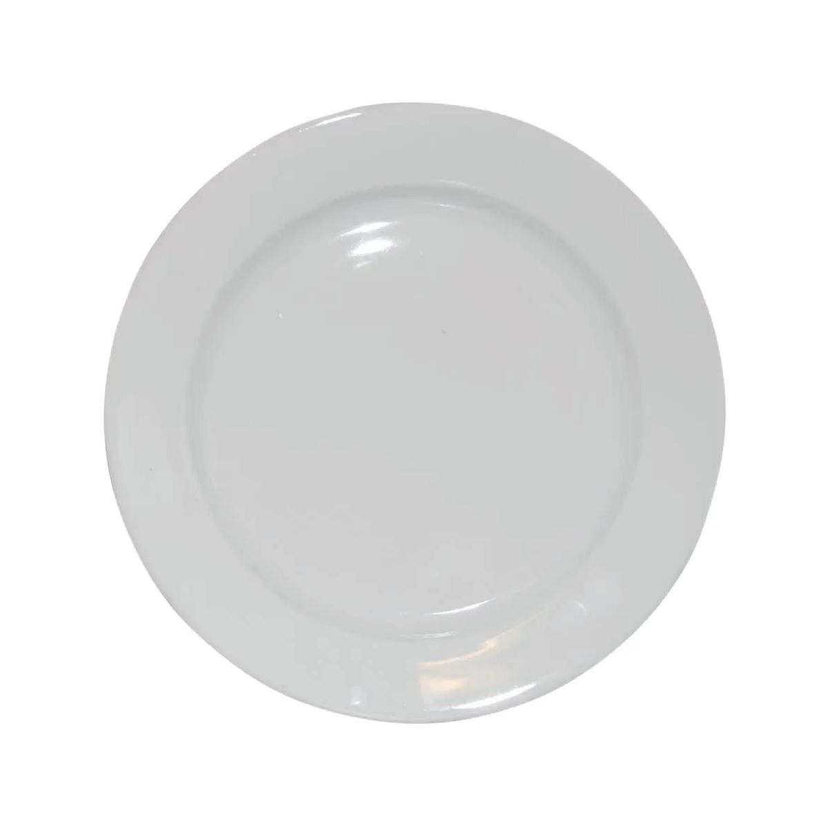 Frontaal beeld van een wit porseleinen bord van 21 cm met brede rand en glad oppervlak.