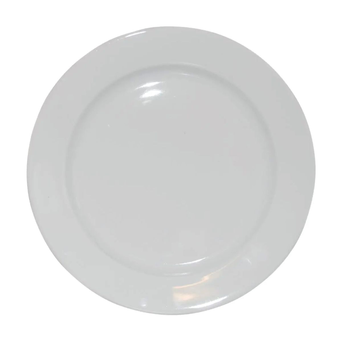 Frontaal beeld van een wit bord van 26,5 cm van porselein met een  brede rand.