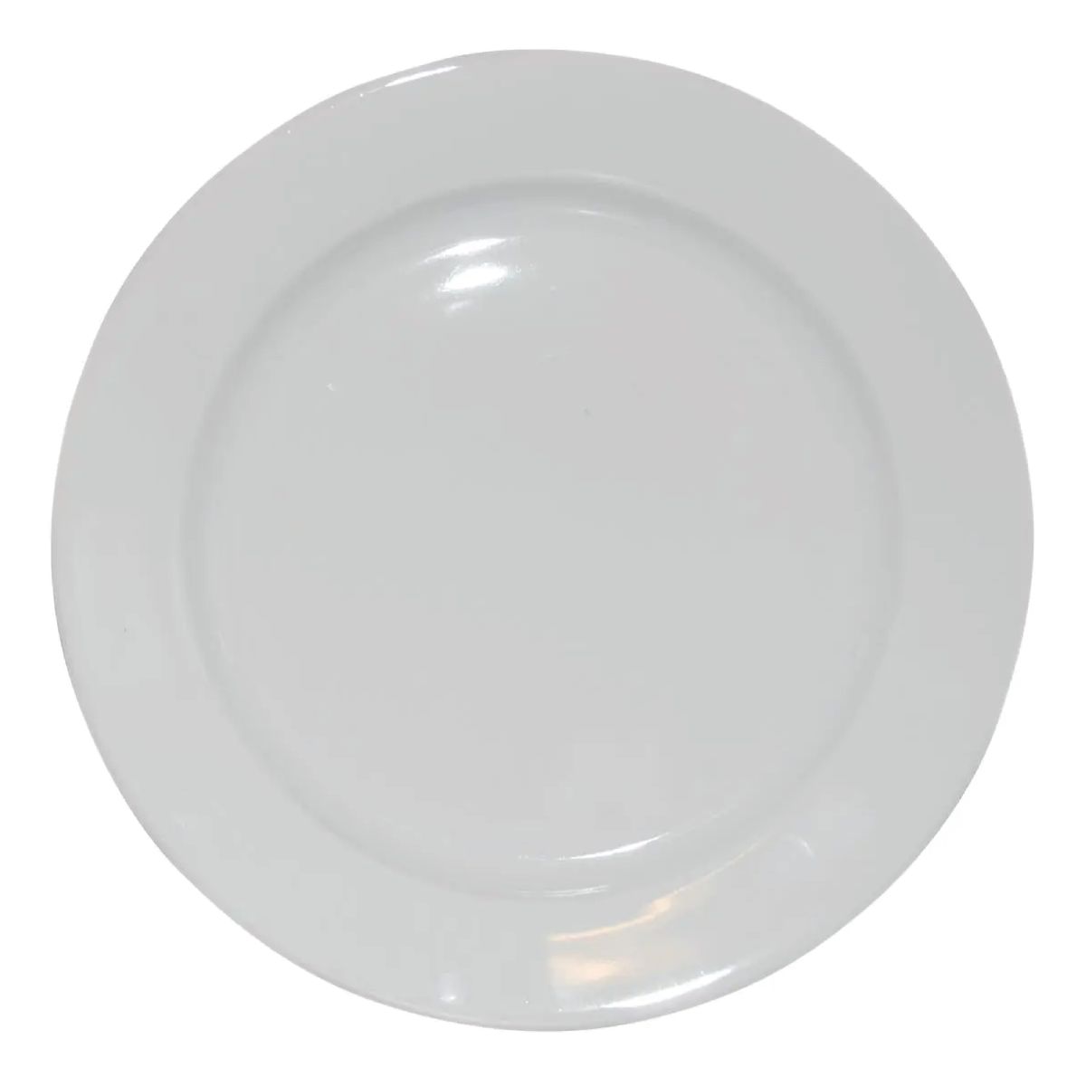 Vooraanzicht van een wit porseleinen bord van 28 cm met brede, vlakke rand.