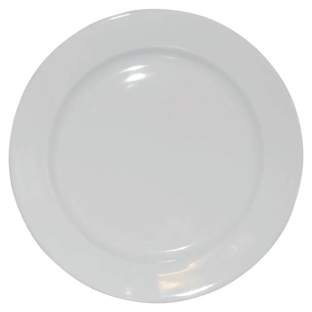 Frontaal zicht op een groot porseleinen bord van 30,5 cm met witte afwerking en brede rand.