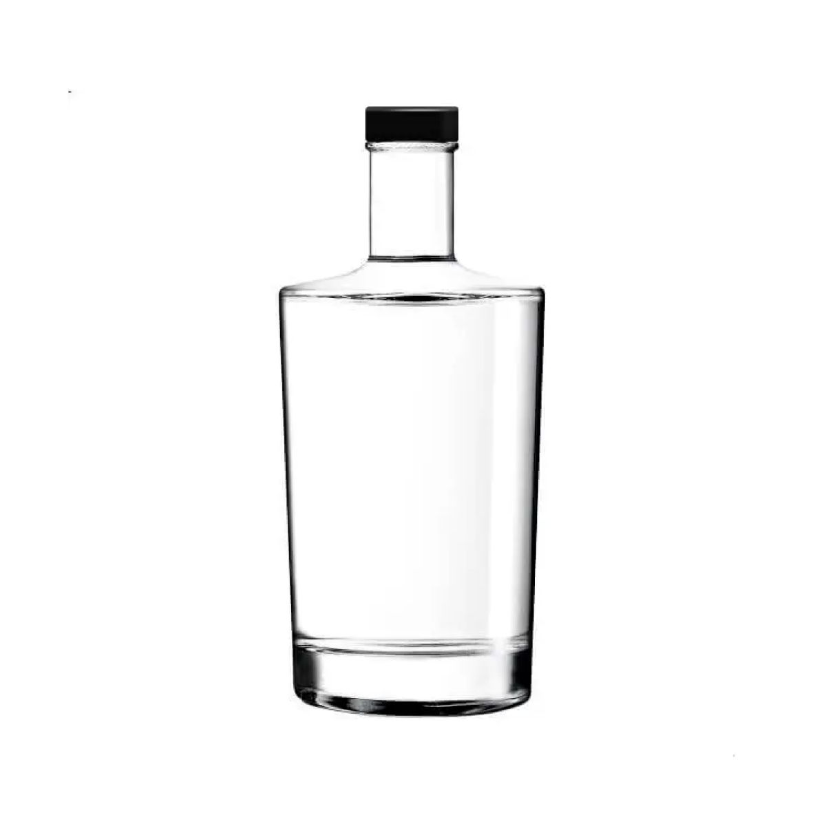 Glazen Fles Neos 0,5 liter met zwarte dop in recht vooraanzicht, transparant en eenvoudig vormgegeven.