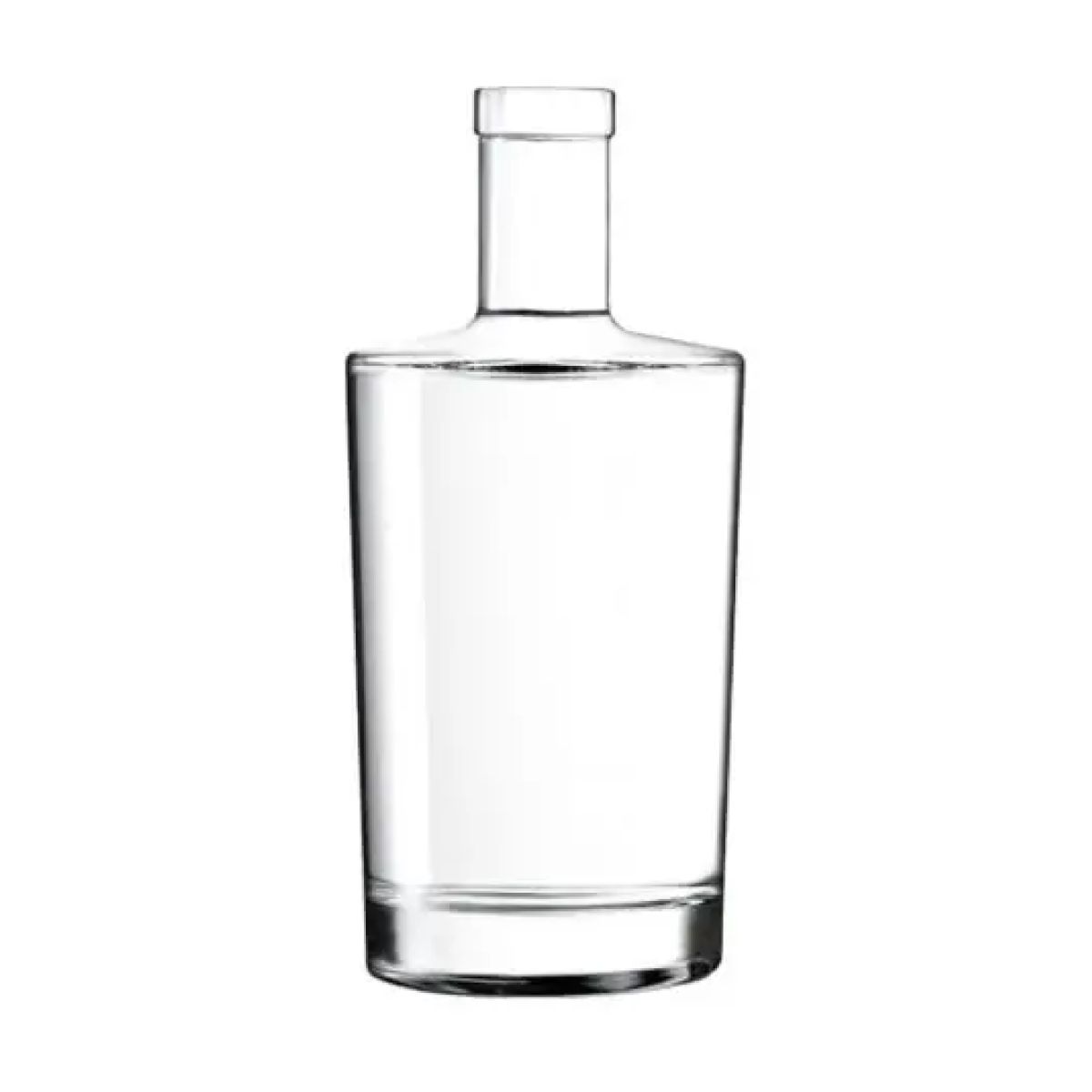 Glazen fles Neos 0,7 liter zonder kurksluiting in recht vooraanzicht, transparant en cilindervormig.