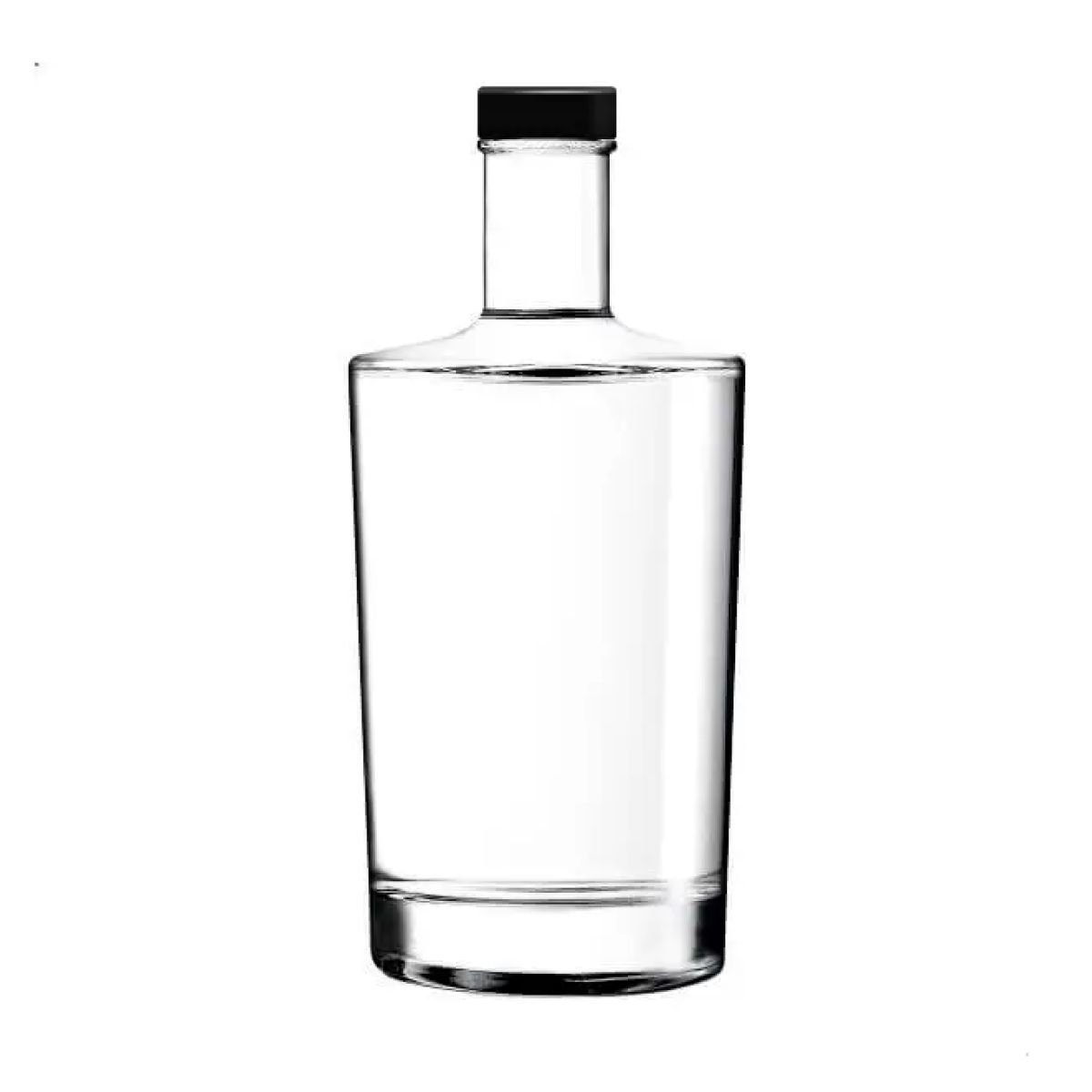 Fles Neos 0,7 liter in glas met rechte vorm en lange hals, weergegeven in vooraanzicht met zwarten dop.