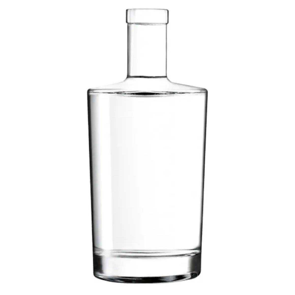 Glazen fles Neos 1,0 liter met kurksluiting in recht vooraanzicht, gemaakt van helder glas.