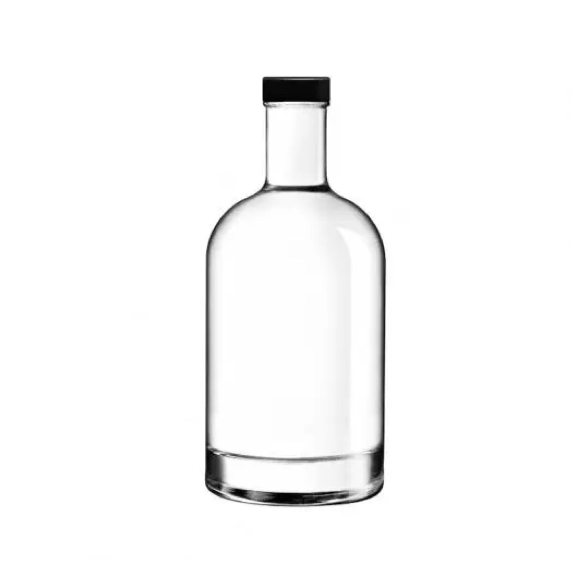 Fles Oslo 0,5 liter van helder glas met een zwarte dop in recht vooraanzicht zonder opdruk.