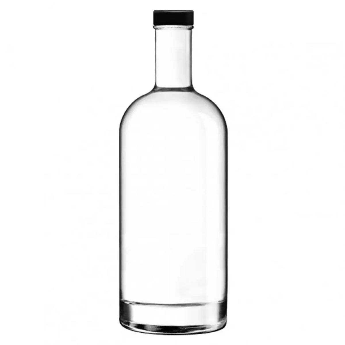 Fles Oslo 1,0 liter van helder glas, recht van voren gefotografeerd zonder opdruk met zwarte dop.