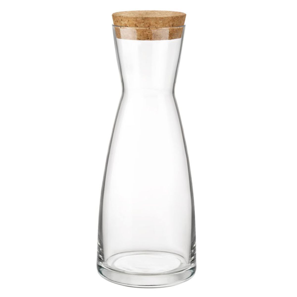 Staande glazen karaf Ypsilon 1 liter met kurk, cilindervormig en smalle hals, van voren zichtbaar.