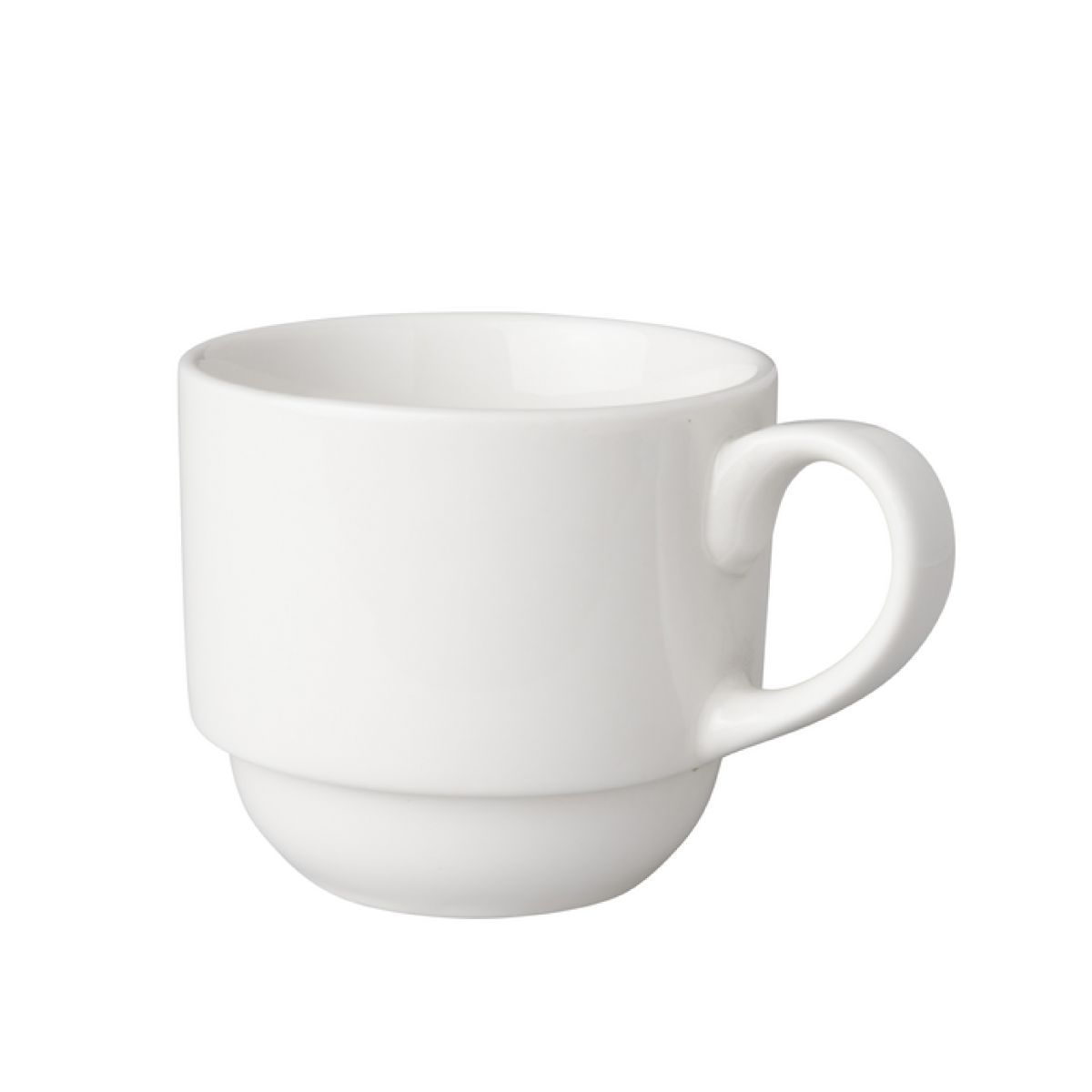 Witte porseleinen koffiekop Mammoet Budgetline 20 cl. breed model recht van voren in beeld gebracht.