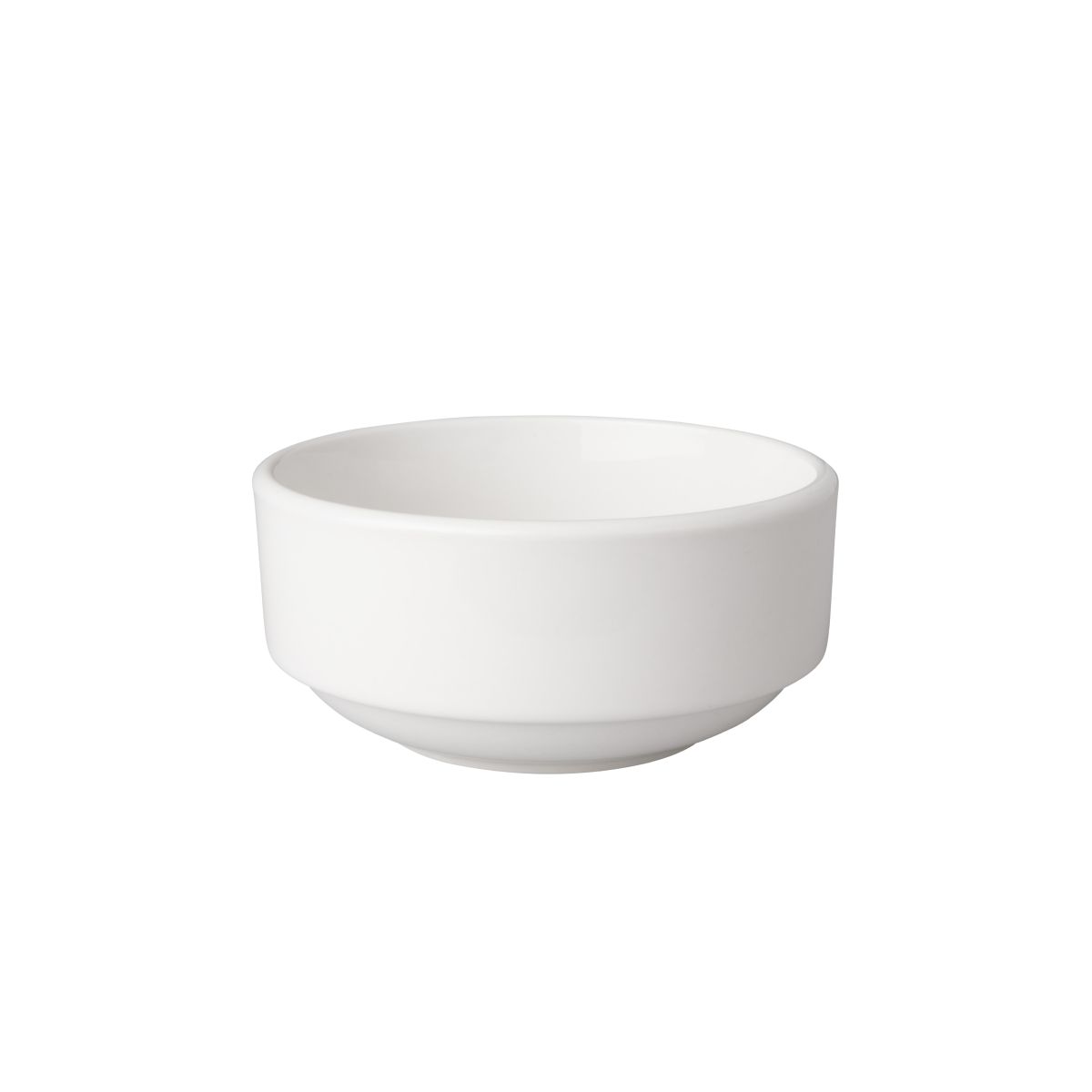 Frontaal aanzicht van witte kom Budgetline 11 cm porselein, met ronde vorm en glad oppervlak.