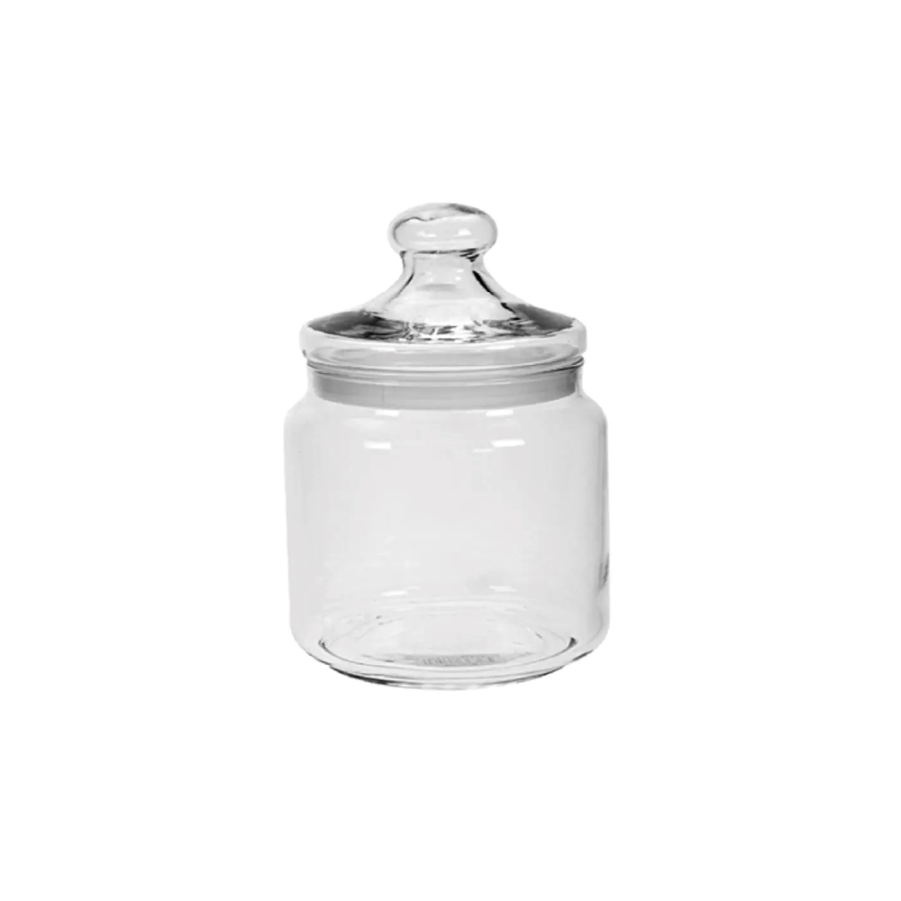 Vooraanzicht van glazen snoeppot Club 0,50 liter met ronde potvorm en metalen schroefdeksel.