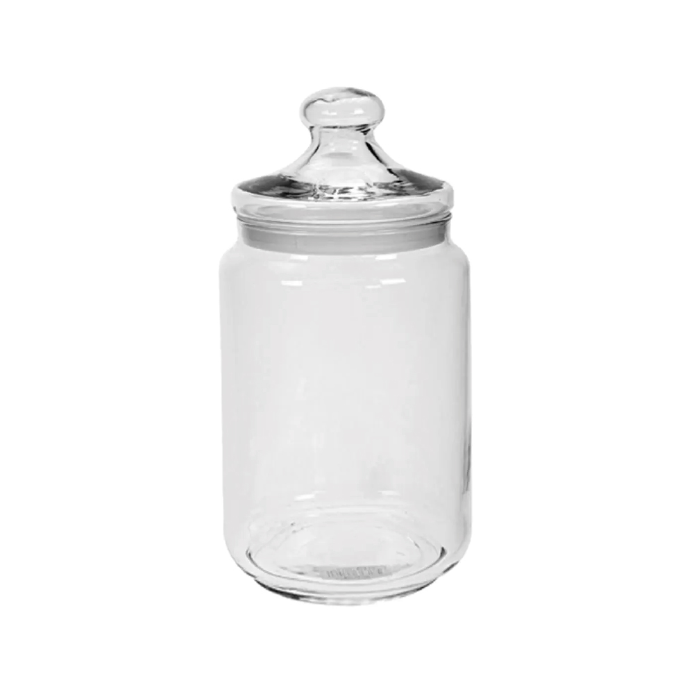 Vooraanzicht van glazen snoeppot Club 1,00 liter met compacte, bolvormige structuur.