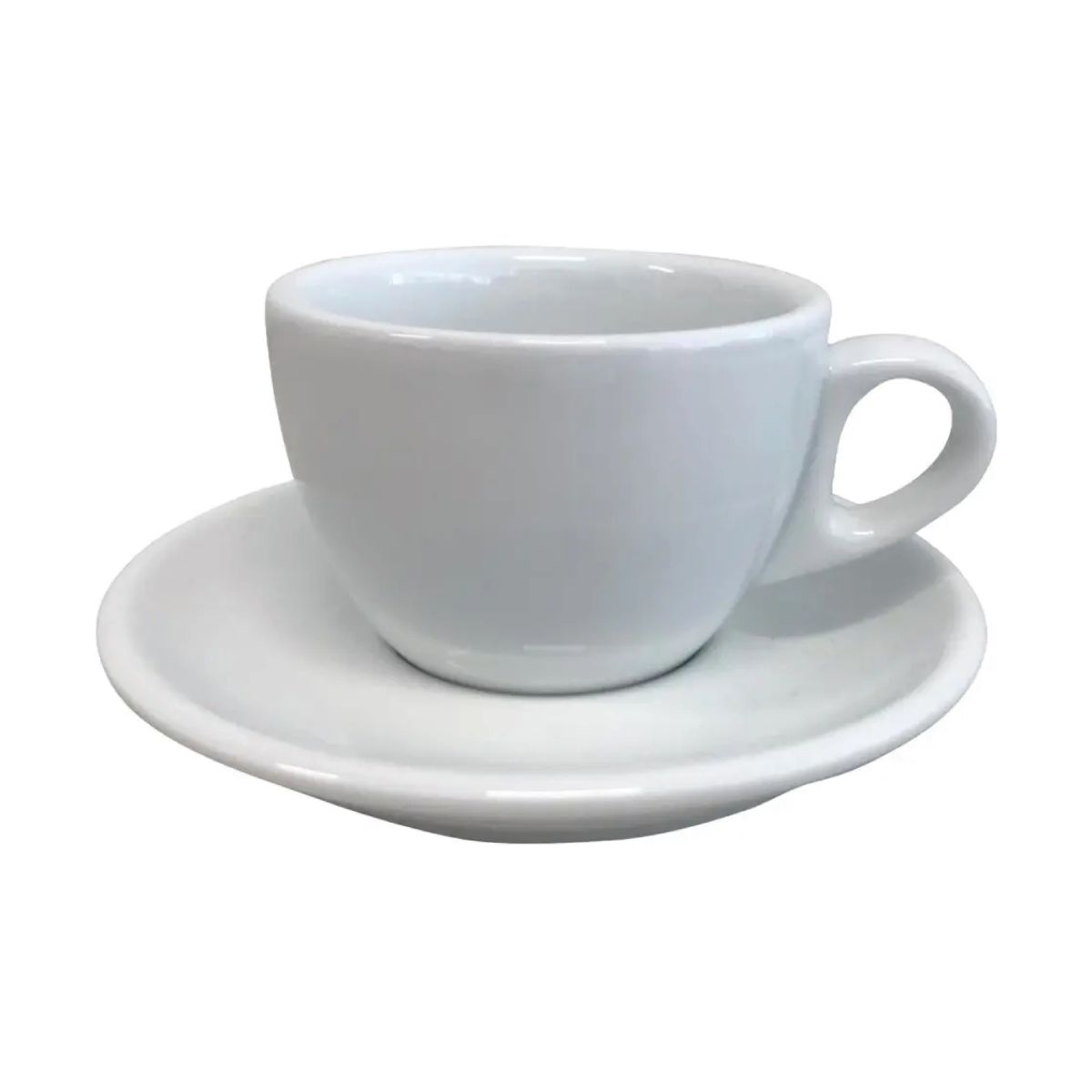 Wit Porseleinen cappuccinoset van 19 cl. in vooraanzicht, met ronde kopjes en bijpassende schotels.