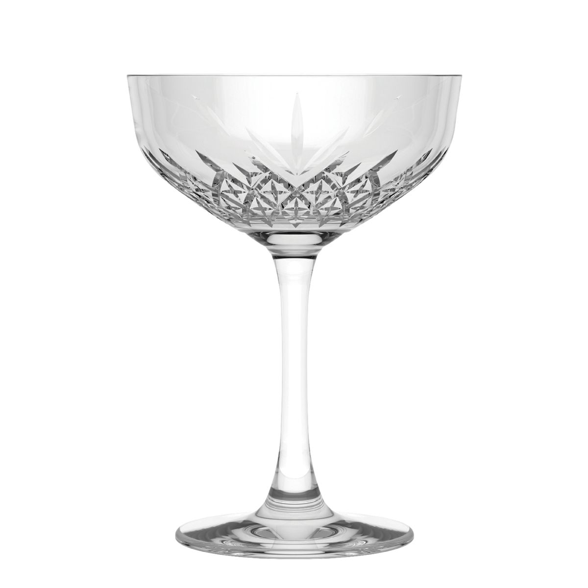 Vooraanzicht van de Timeless champagnecoupe 25,5 cl in helder glas met brede, platte kelk.