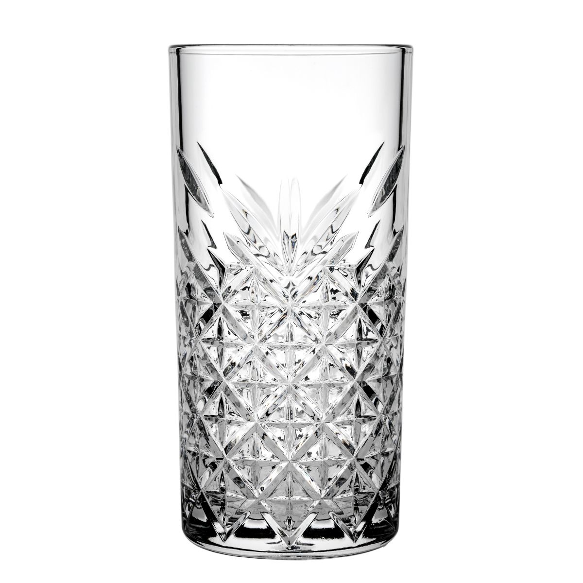 Transparant Timeless Longdrink glas 45 cl, vooraanzicht met verticale slijping.