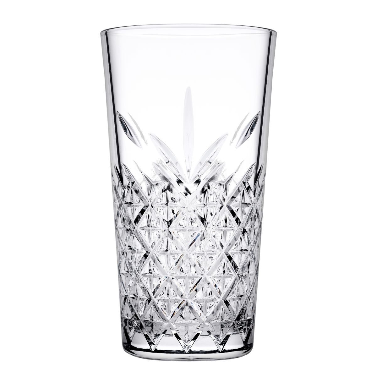 Vooraanzicht van Timeless Longdrink stapelglas 45 cl met verticale lijnen en stapelbare bodem.