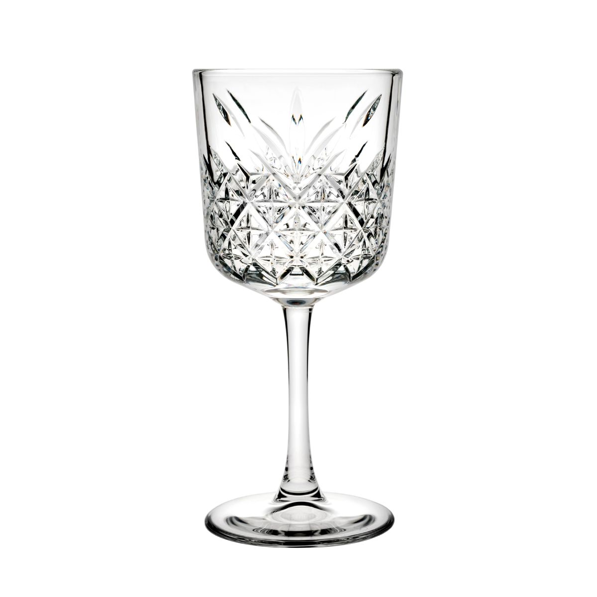 Recht vooraanzicht van het Timeless wijn 33 cl. glas met gladde kelk en transparante afwerking.