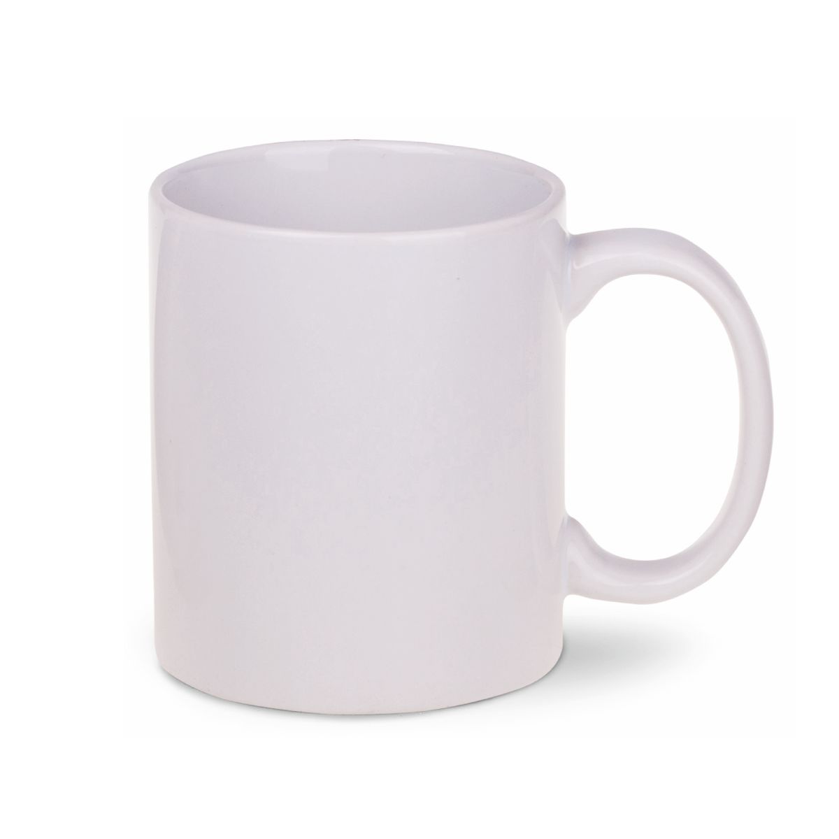 Vooraanzicht van de Tomek mok 30 cl. in wit porselein met rechte wanden, klassiek oor en glad oppervlak.