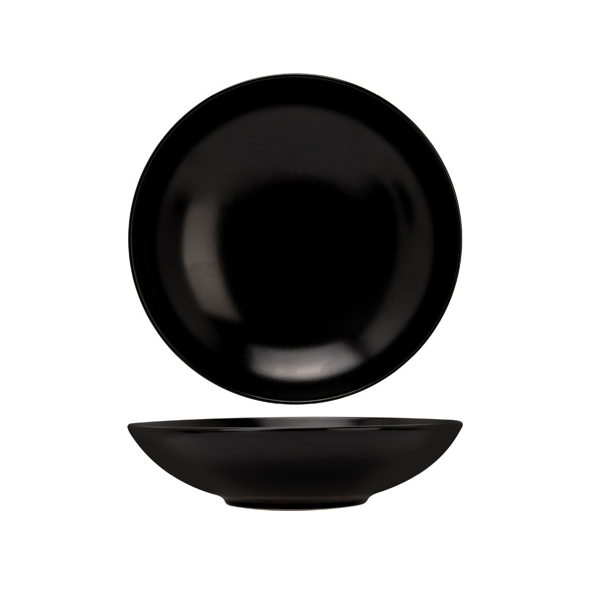 Recht vooraanzicht van het Venus bord diep 21 cm van zwart aardewerk met ronde vorm en matte afwerking.