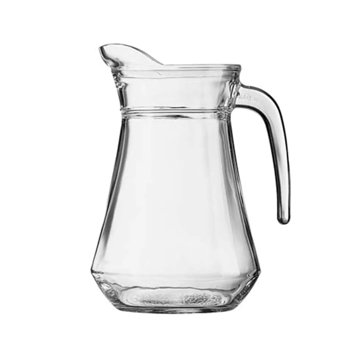 Vooraanzicht van glazen waterkan Broc Arc 1,0 liter met rechte vorm en brede tuit.