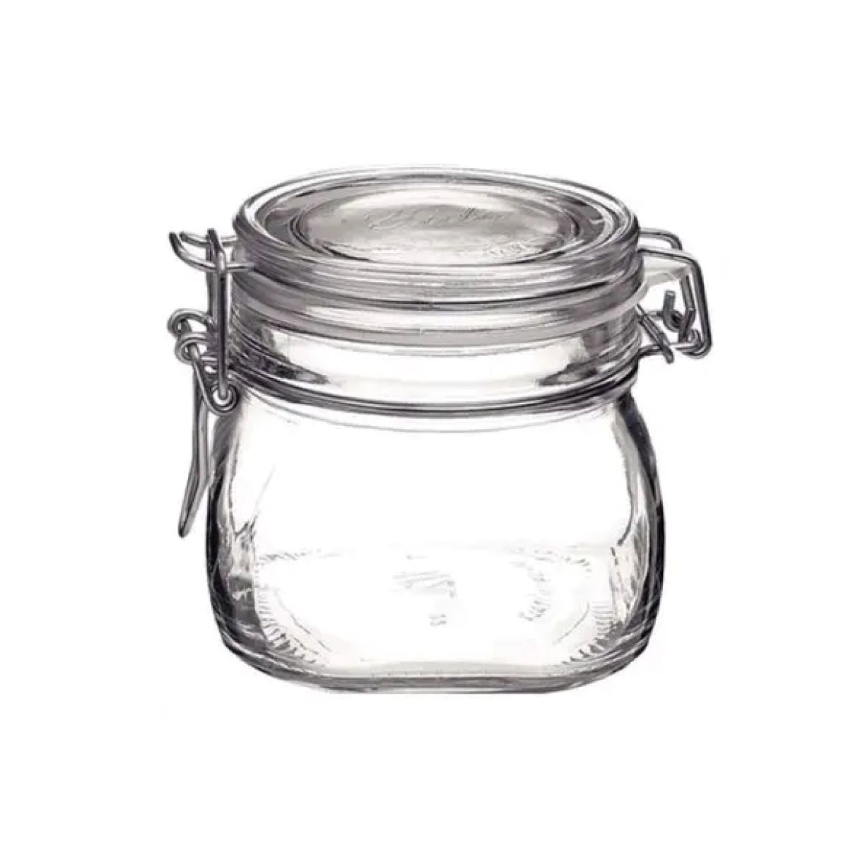 Vooraanzicht van vierkante weckpot Fido 0,5 liter van glas met metalen sluiting en brede opening.