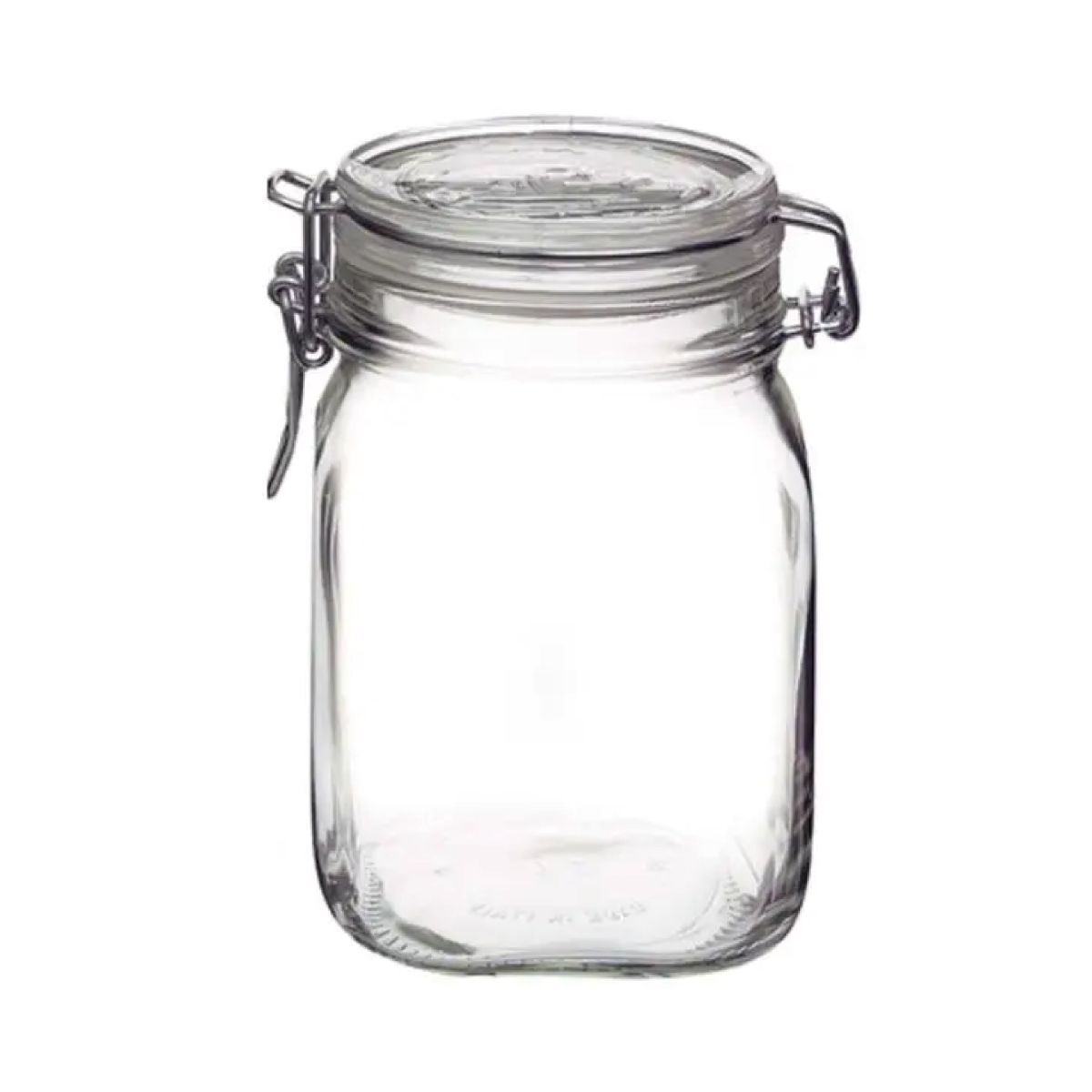 Vierkante Fido weckpot 1 liter van helder glas, frontaal afgebeeld met metalen beugelsluiting.