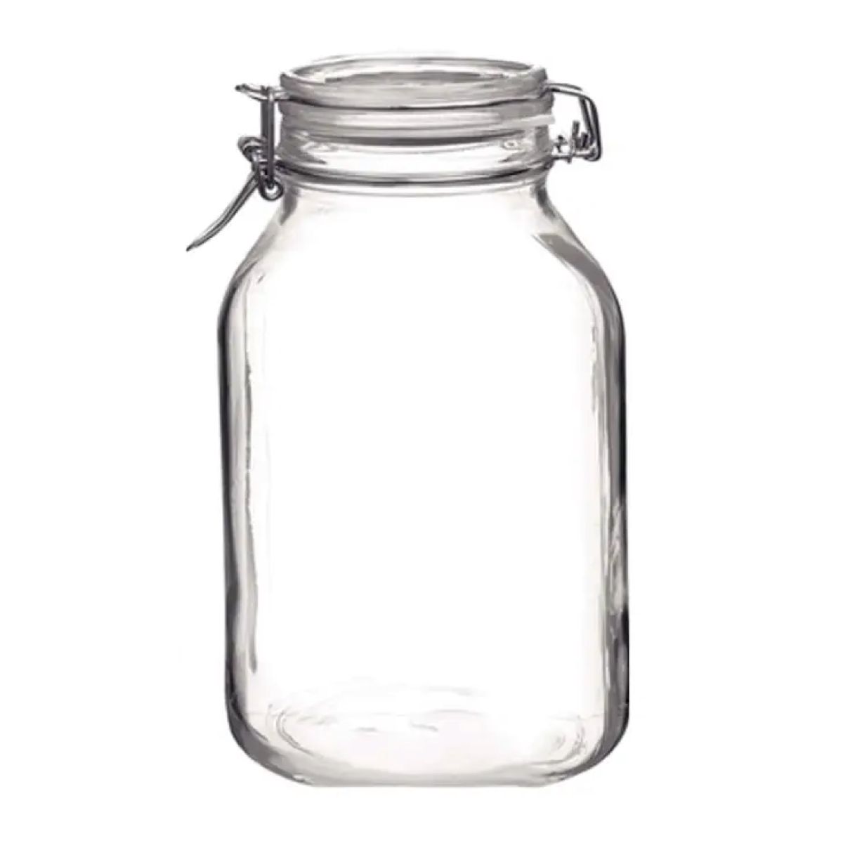 Vierkante weckpot Fido 1,5 liter in glas, frontaal weergegeven met metalen sluiting en heldere vorm.