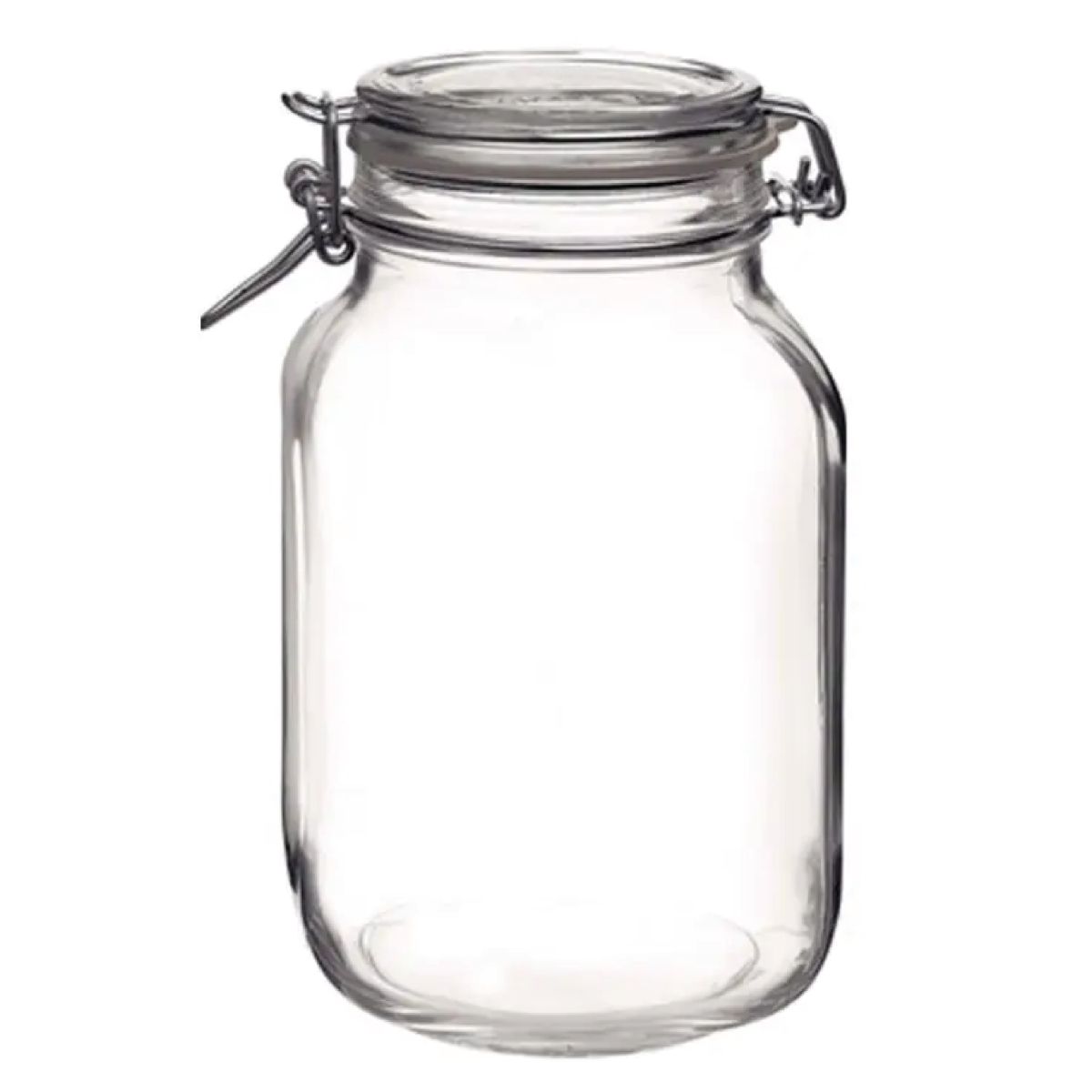 Vooraanzicht van glazen weckpot Fido 2 liter met vierkante vorm en metalen beugelsluiting.