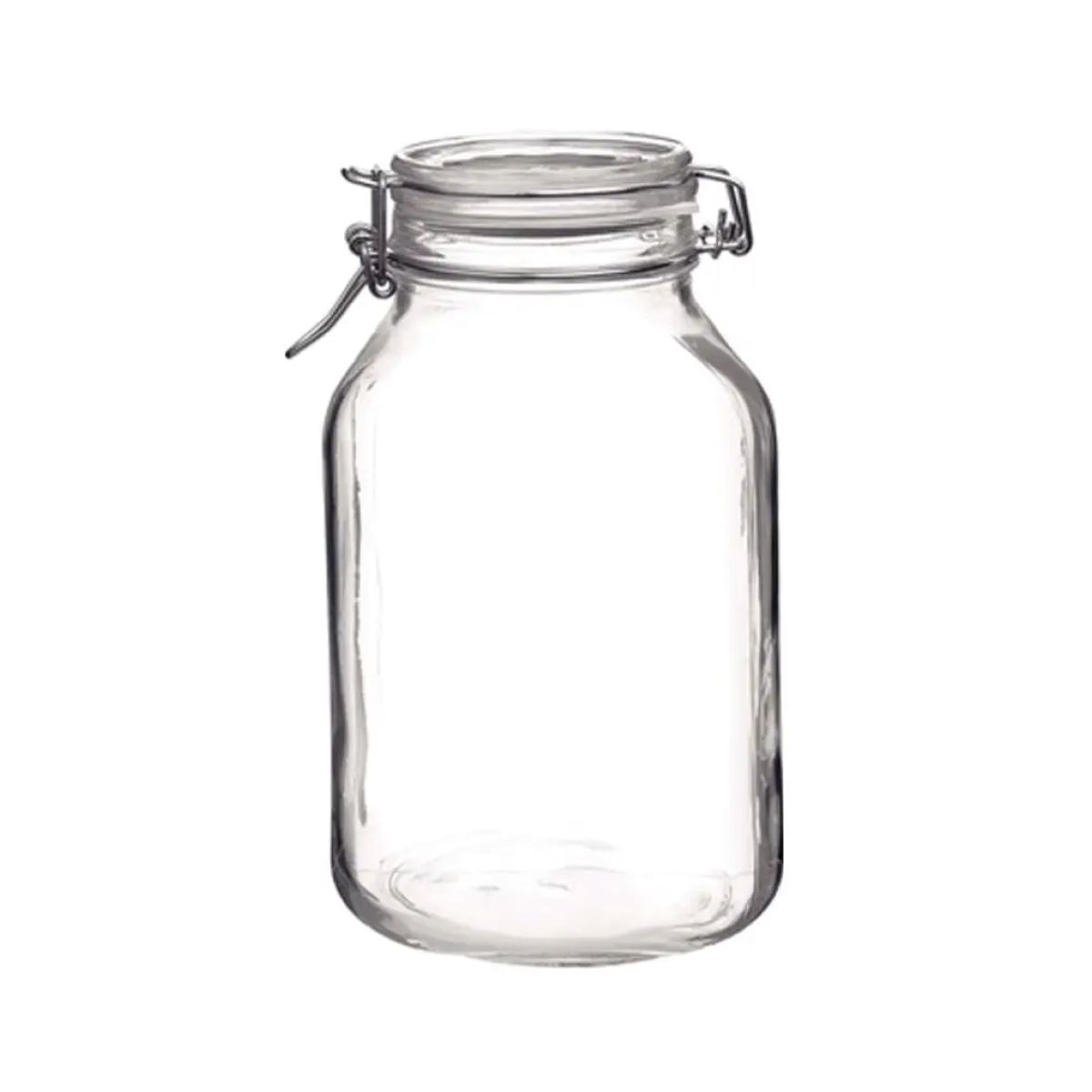 Recht vooraanzicht van de Weckpot Fido 3 liter in vierkante vorm met transparant glas en metalen sluiting.