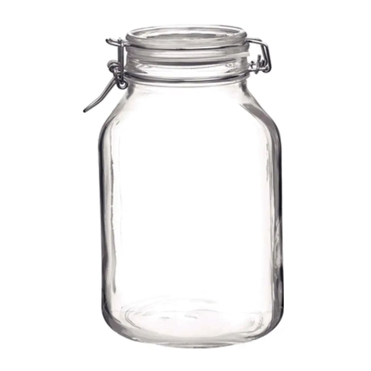 Vooraanzicht van de ronde Weckpot Fido 4 liter met transparant glas en metalen beugelsluiting.